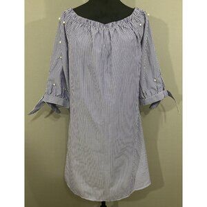 MPH Collection Shirt Dress Navy White Striped With Pearl Detail On 3/4 Sleeves